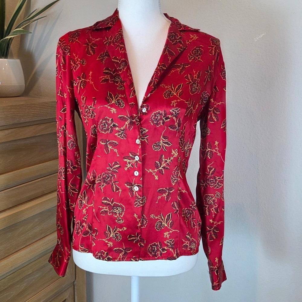 Petiteβ Sophisticate Silk Floral Blouse Button Front Red Vintage Y2K Size 2